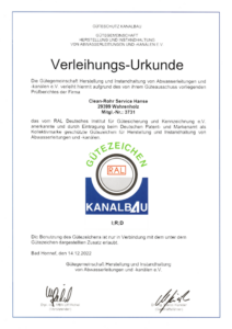 Urkunde Kanalbau Clean Rohr
